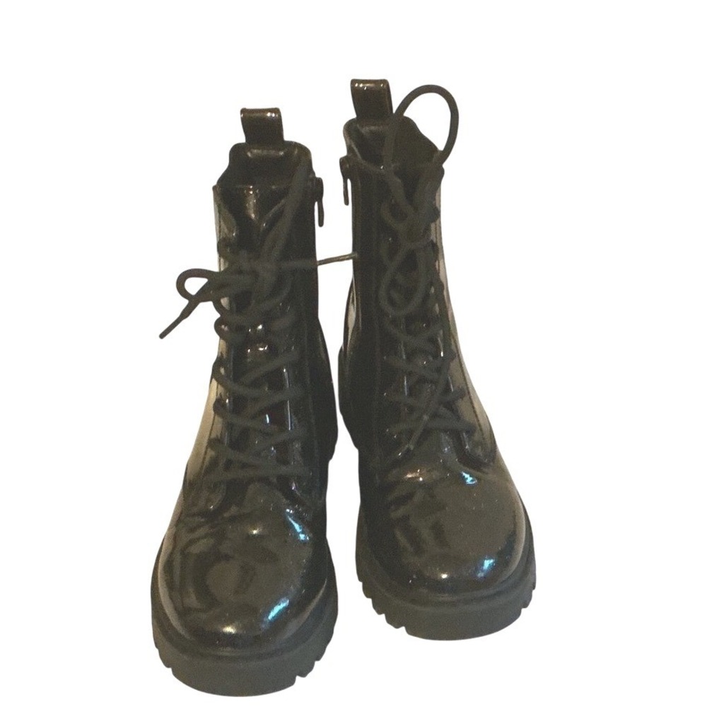 Art Class Kids Black Patent Glitter Combat Boots Side Zip Lug Sole Size 4